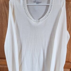 Carolyn Taylor Cream Long Sleeve Sweater with Embellished Scoop Neckline